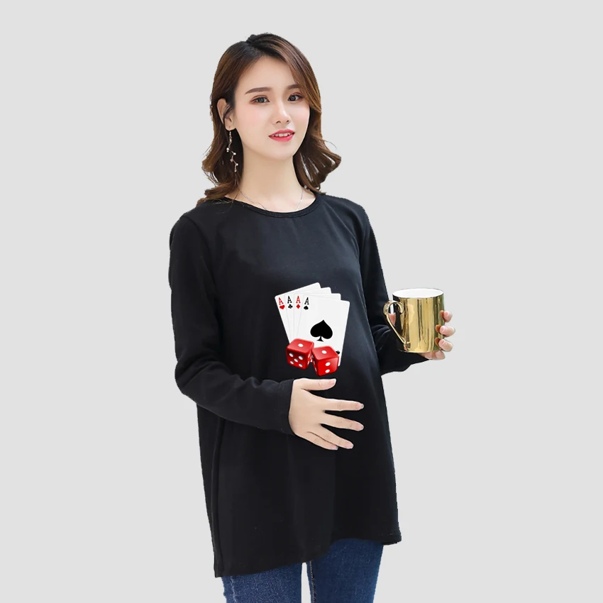 

A Poker Printed Customized Pregnant T-Shirt Girl Maternity Pregnancy Flattering Long SleeveShirt Mom Women Add Your Design