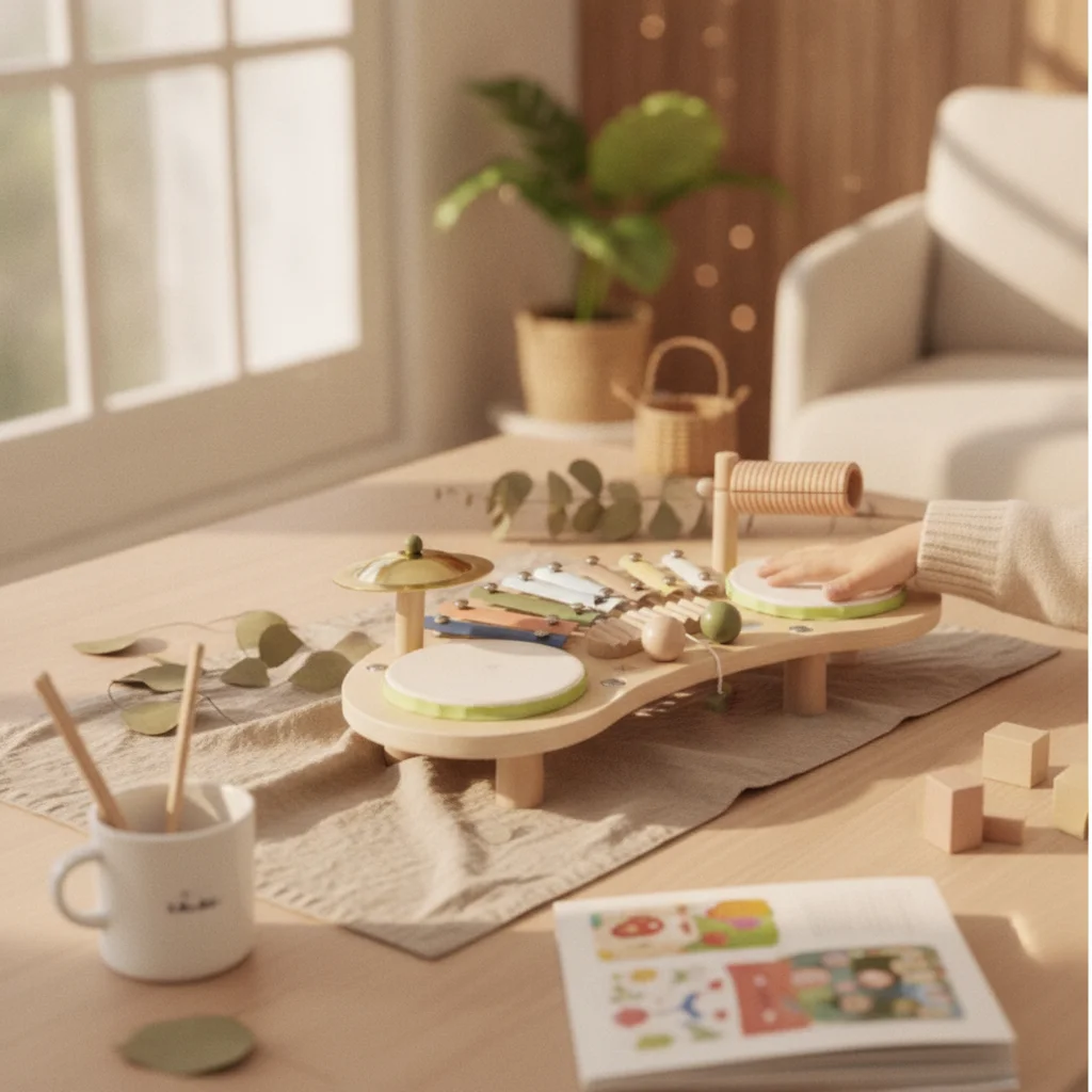 Children's Music Activity Table Natural Wood Percussion Set Instrument Sensory Toy Multi-Functional for Toddlers, Playroom