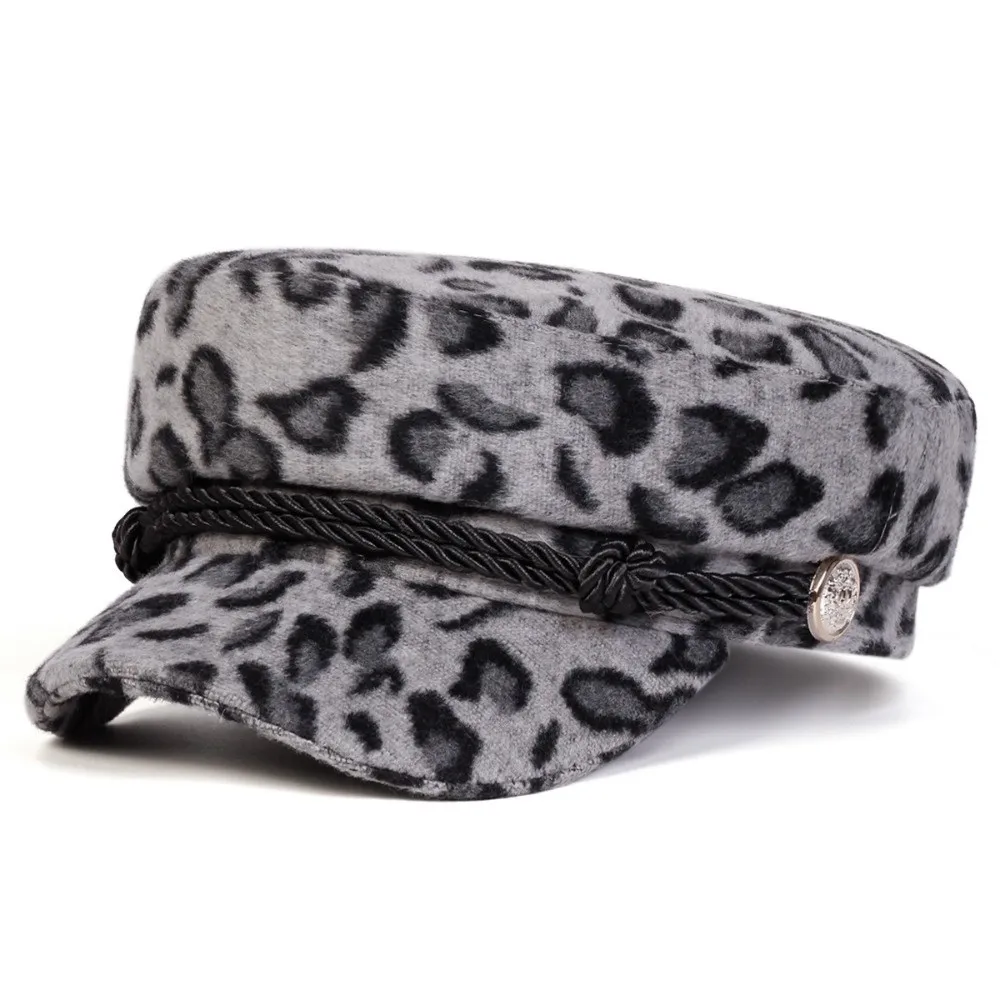 Braided Rope Decor Newsboy Beret Hat Decorative Button All-match Flat Top Hat Vintage Style Thickened Leopard Print Cap