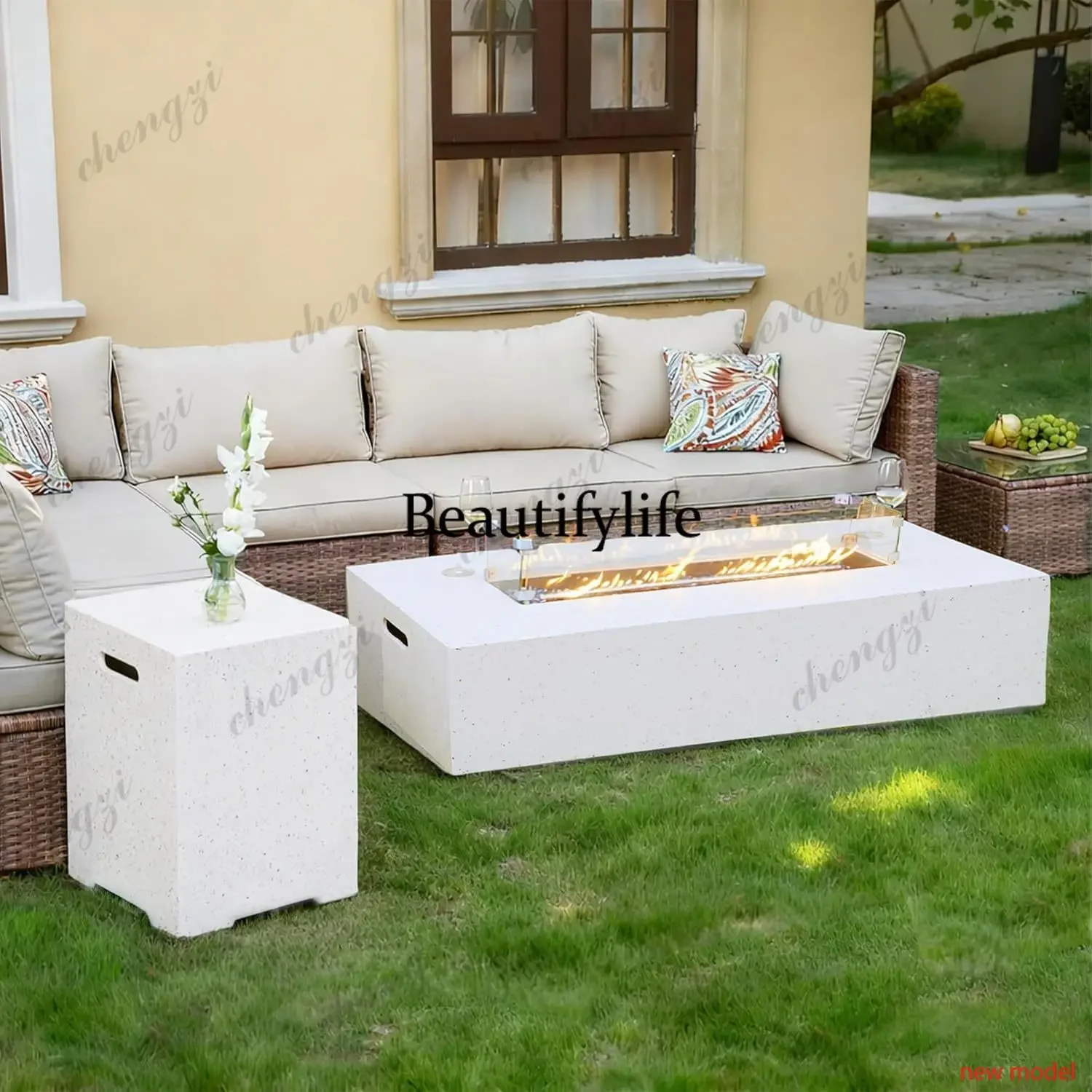 A74Propane Fire Pit Table 50000 BTU Gas Firepit White Glass Wind Guard Tank Hidden Table Backyard Outdoor Terrace