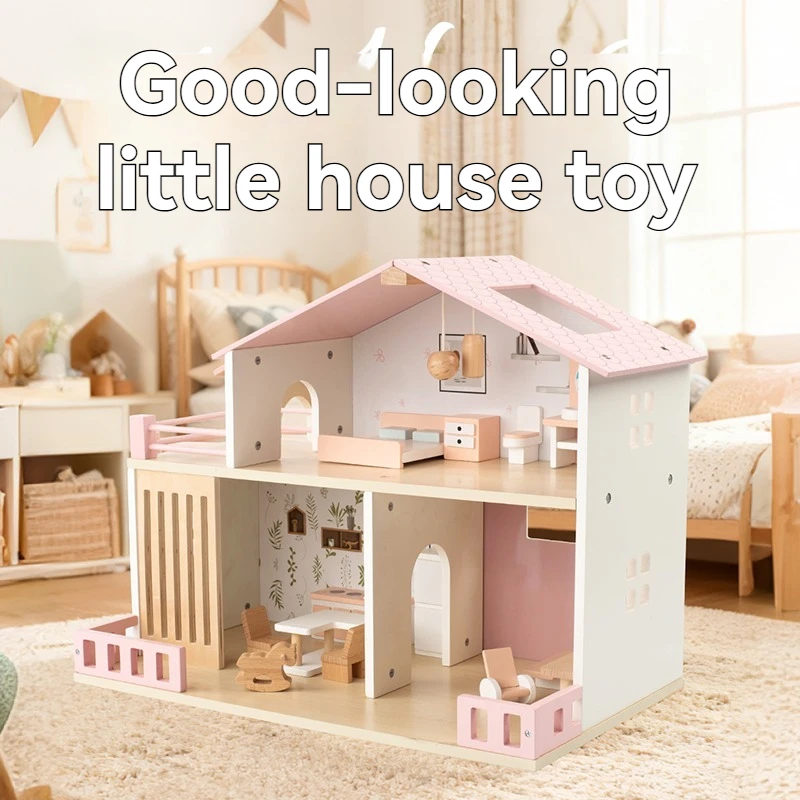 Wooden Dollhouse for Kids, 2-Story Pretend Play House with Full Furniture Set, Natural Wood Simulation Villa Toy for 3+ Girls,