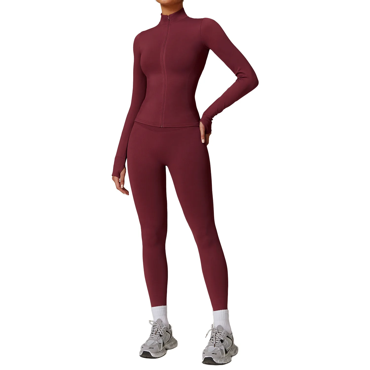 Maxdutti Seamless Stand Up Collar Zipper Yoga Set Windproof Slim Fit Warm Top Sports Running Set Two Piece Set Women's Suit