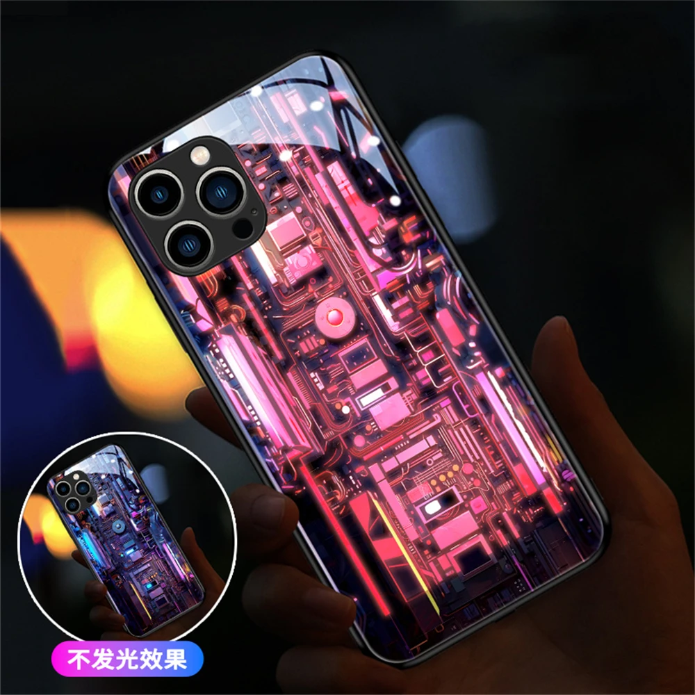 

2024 New Machine Box Pattern Glass LED Call Light Up Flash Phone Case Cover For Samsung S23 S22 S21 S20 Ultra Plus Cover A14 A54