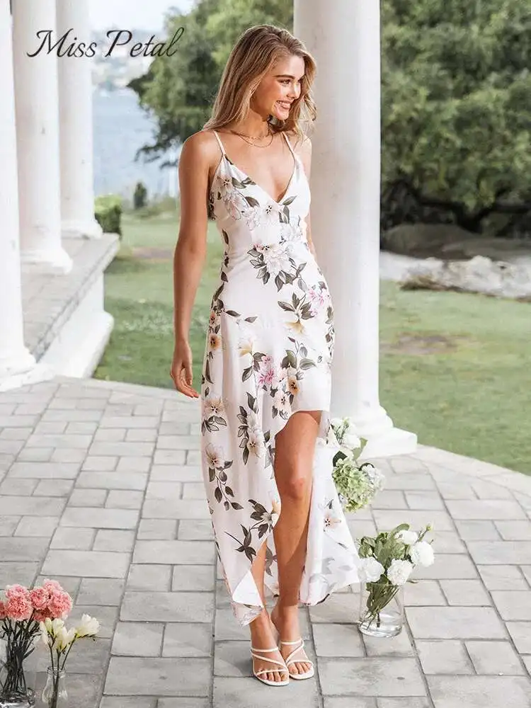 Biały Ral Print High-Low Maxi dla kobiet seksowny dekolt w serek paski spaghetti długa sukienka wakacyjna A-E 2025 letnia sukienka letnia