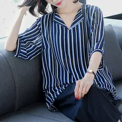 Office Lady Striped Loose Chiffon Blouse Half Sleeve Female Clothing Fashion Patchwork 2023 Summer New Casual V-Neck Midi Shirt