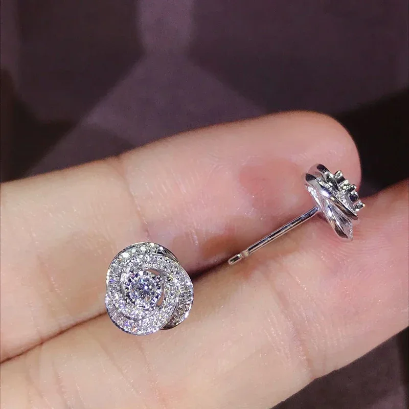 Huitan New Trendy Unique Rose Designed Stud Earrings for Women Shiny Cubic Zirconia Ear Accessories Aesthetic Wedding Jewelry