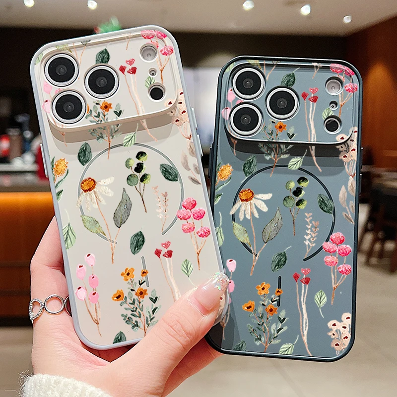 Flowers Pattern Magnetic Phone Case For iPhone 17 Pro Max 16 15 14 13 Pro Max For Magsafe Wireless Charge TPU Hard PC Back Cover