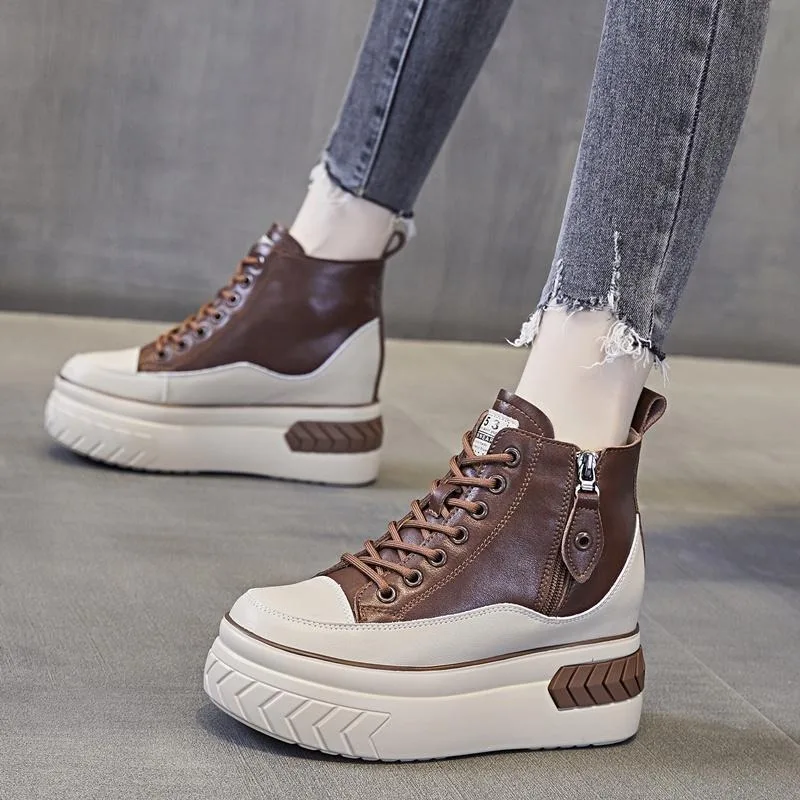 Zapatos informales de otoño para mujer, zapatos versátiles con aumento de 8cm, zapatos de plataforma, botas con cremallera lateral a la moda, zapatos de cuero PU de marca