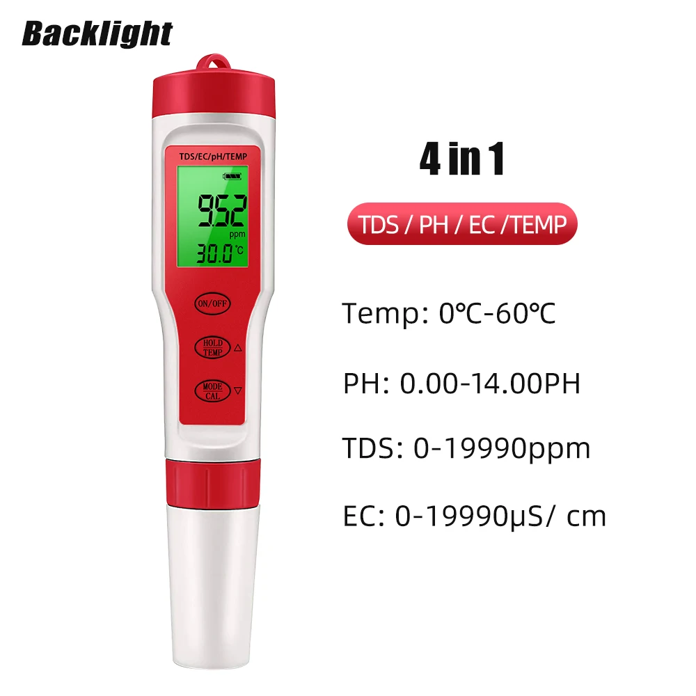 4 IN 1 TDS PH Meter PH/TDS/EC/Temperature Meter Digital Water Quality Monitor Tester for Pools Drinking Water Aquariums 19999PPM
