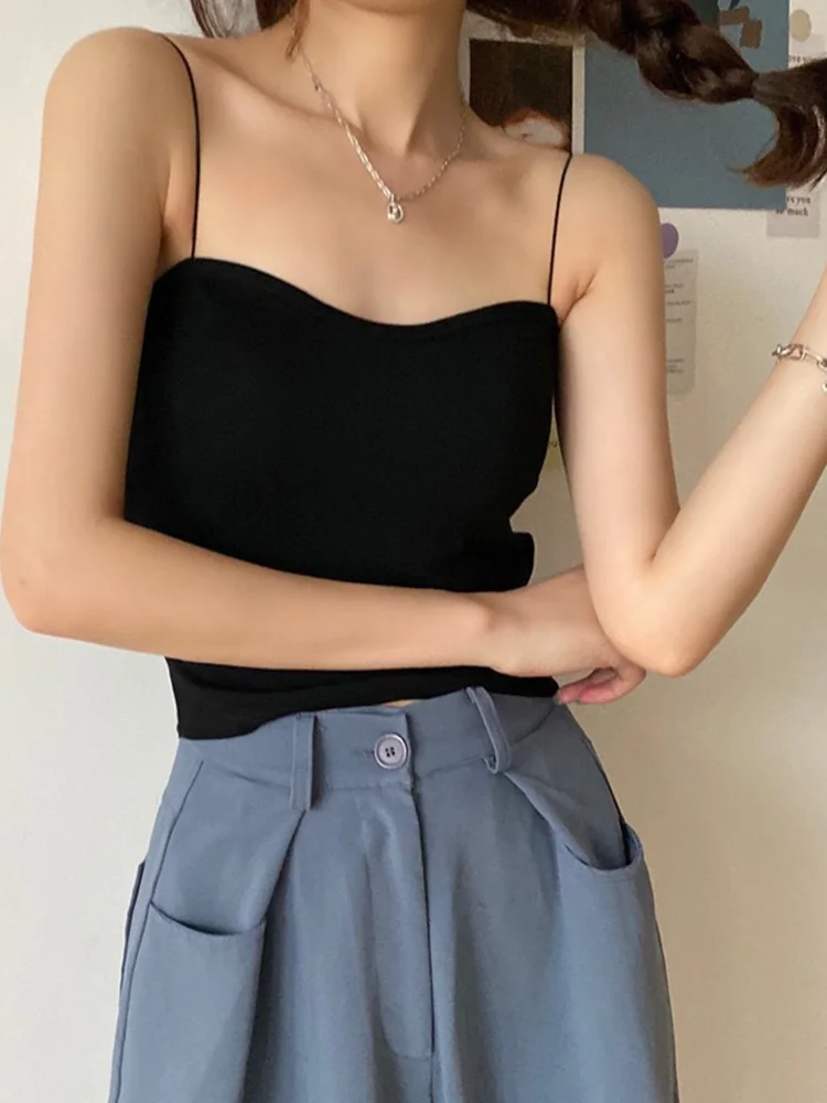 Korean Style Women Spaghetti Strap Chest-pad Camis Sexy Summer Tank-tops Solid Womens Outwear Casual Simple All-match Chic