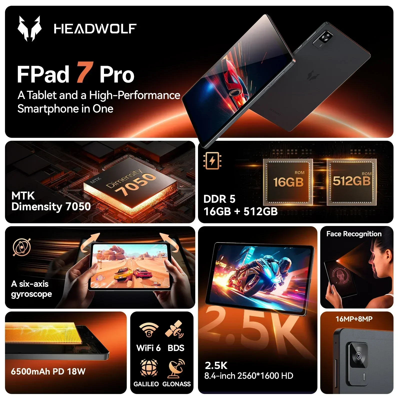Headwolf FPad7 PRO Android 15 Tablet 8 inch 2.5K HD Max 16GB+512GB, 6500mAh PD18W, 8MP+16MP Camera, SIM 4G LTE WiFi 6