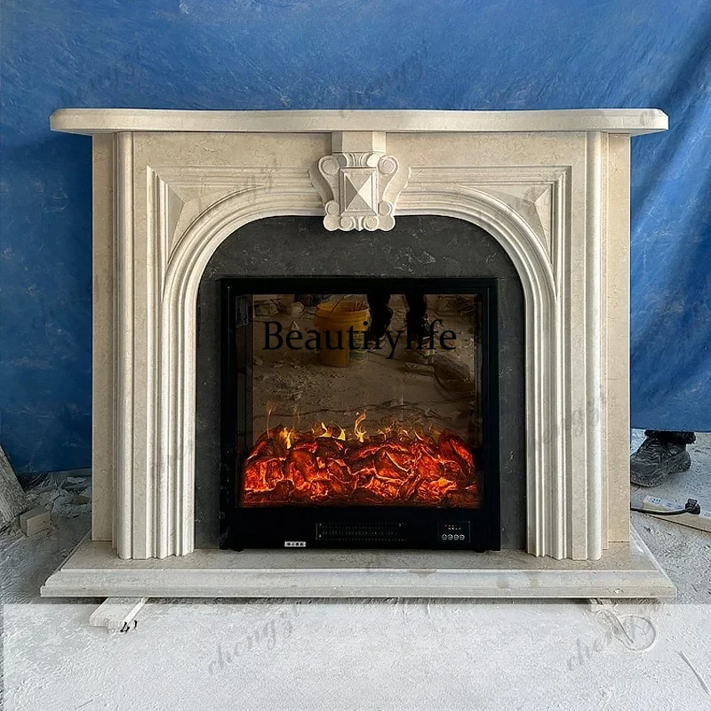 Marble fireplace French retro cream wind stone fireplace European modern simple fireplace decoration