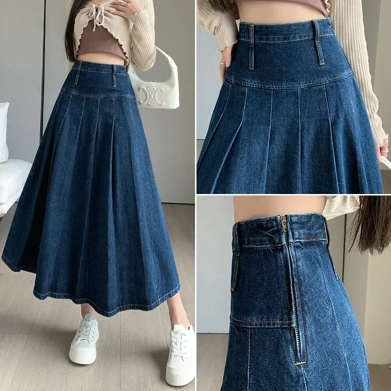 

Blue High Waist Casual A-line Umbrella Jeans Skirts FemaleSeoulish Vintage Denim Women's Pleated Skirts
