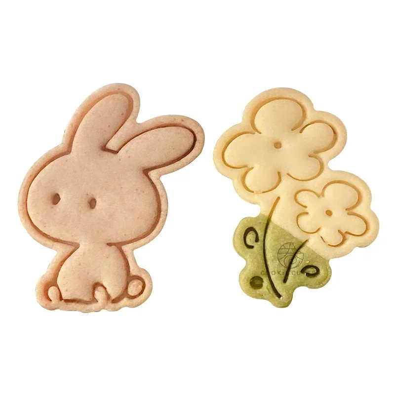 Cute Cartoon Bunny Cookie Cutters 3D Rabbit Flowers Frosting Biscuit Mold Baking Cookie Embosser Tool Fondant Craft Supplies
