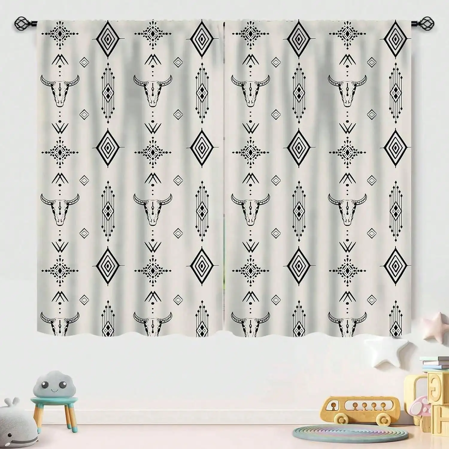 Print Window Curtain,Rustic Retro Bull Skull Native  Boho Design  Pattern Window Treatments For Bedroom Living Room Kitchen,