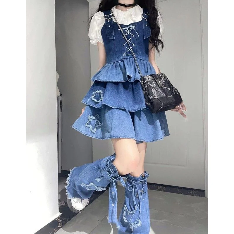 Hikigawa Chic Fashion Lace Women Blouse+Bandage Pleated Denim Dresses+All Match Star Leg Warmer Sweet Cool Y2k 3 Sets Ropa Mujer