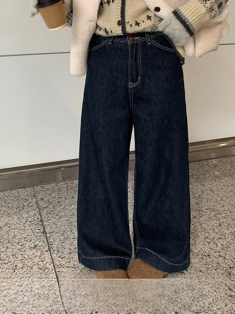 

Широкие джинсовые брюки с высокой талией, женские корейские брюки Sle U77, грушевидные столовые, с двумя пуговицами, Cosite Fce, теплая, девять точек, с...