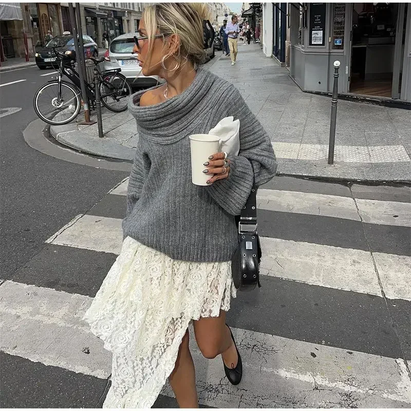 

Fashion Chic Solid Slash Neck Sweater For Women Commuter Casual Loose Long Sleeve Jumpers 2023 Female High Street Knitwear