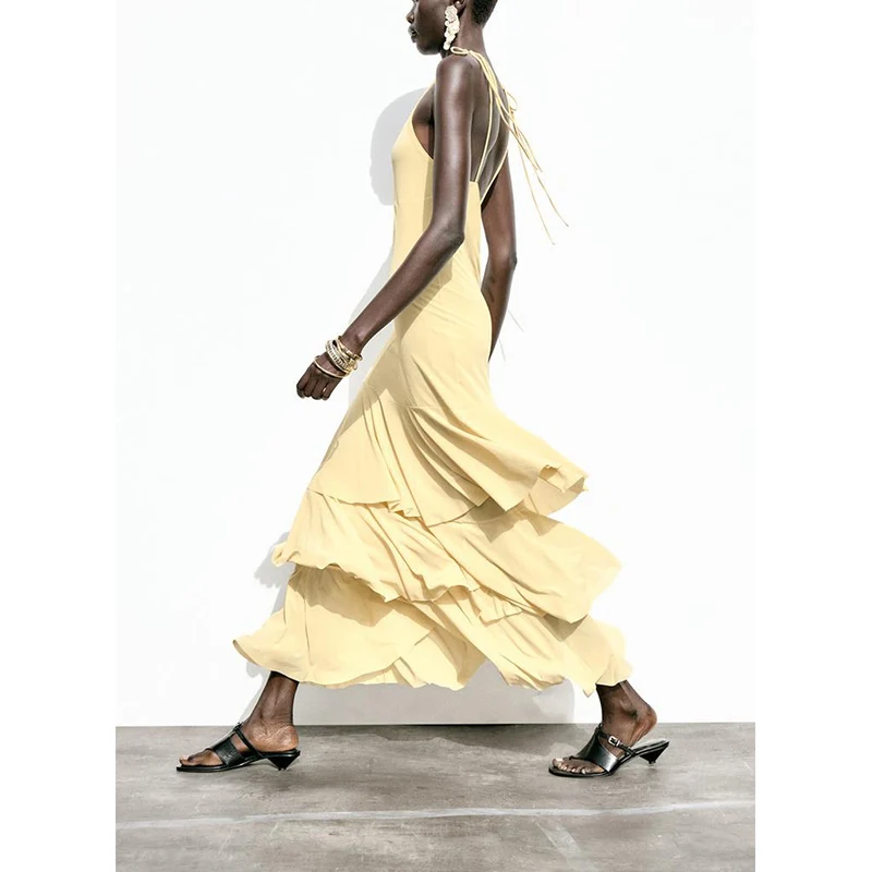 Vestido F de Verão Novo Estilo com Decoração de Laço Borboleta Midi Decote em V Camadas E Cintura Alta Sem Mang...