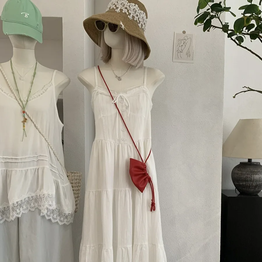 

【New Arrival】Women White Spaghetti Strap Tiered Midi Dress Front Tie Button Detail Textured Casual Sundress Summer Beach Cottagecore Long Dress