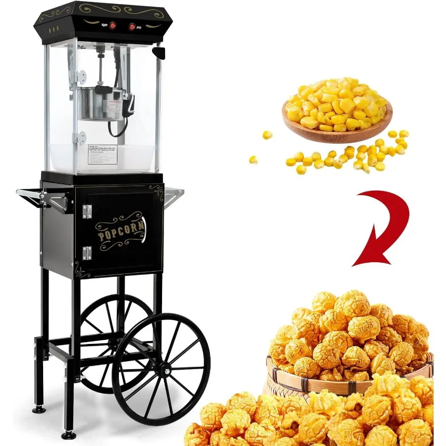 ماكينة صنع الفشار العتيقة مع عربة تتميز بغلاية من الفولاذ المقاوم للصدأ سعة 8 أونصة وإضاءة تدفئة قادرة على إنتاج ما يصل إلى 32 كوبًا من F