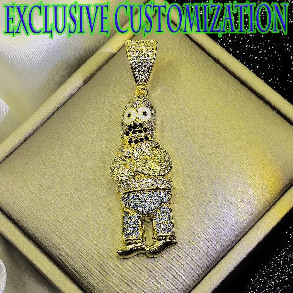 New exclusive hip-hop custom necklace, luxurious gemstone inlaid cartoon pendant, handcrafted gold plating, fashionable design