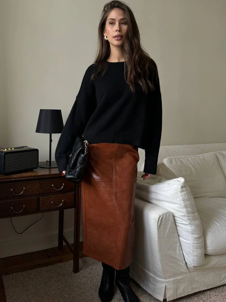 FSMG Fashion Solid knitted O-Neck Sweater For Women Loose Full Sleeves High Waist Pullovers Female Casual Thick Warm Soft Tops