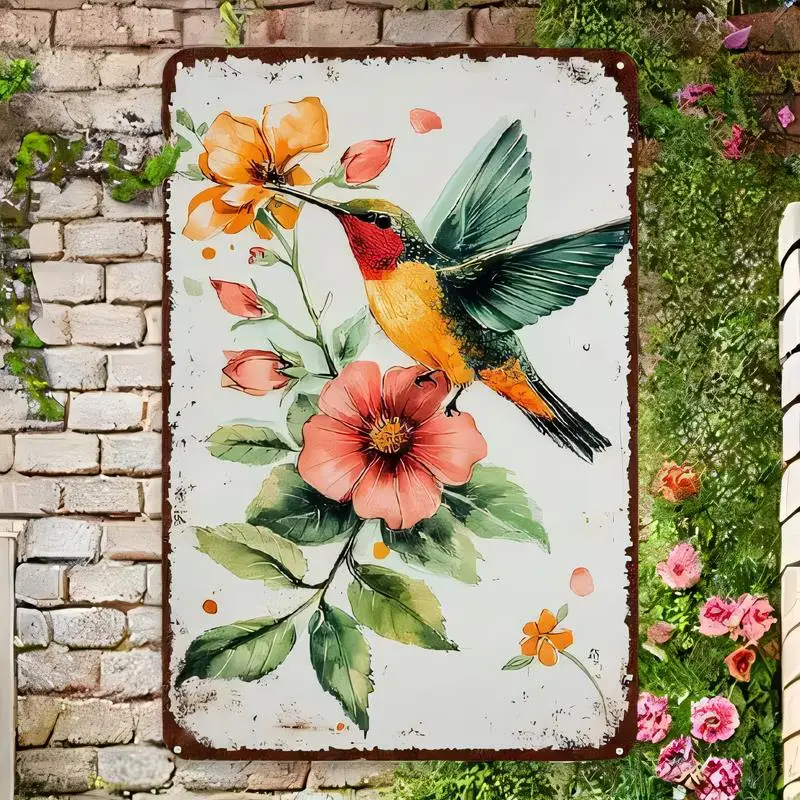 Vintage Distressed Metal Tin Sign, Colorful Hummingbird & Floral Design - Retro Wall Art for Garden/Home Decor, Iron Material, R