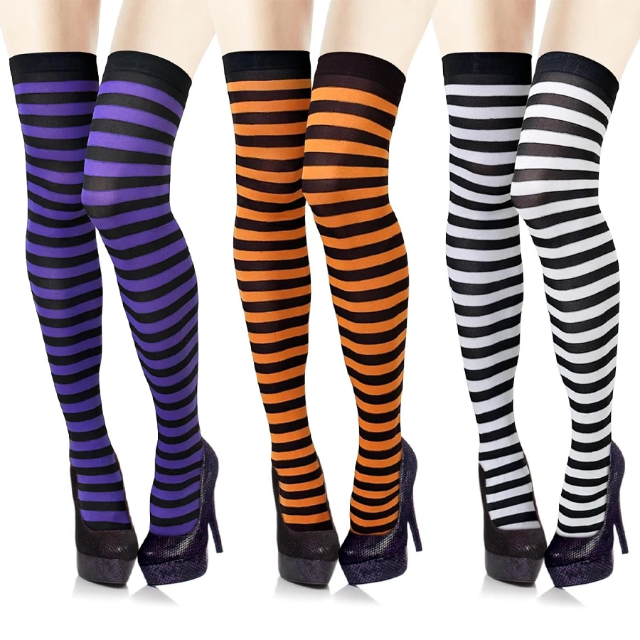 Womens Striped Thigh High Sock Over Knee Thigh High Stockings for Independence Day Christmas Halloween Witch Cosplay Stocking