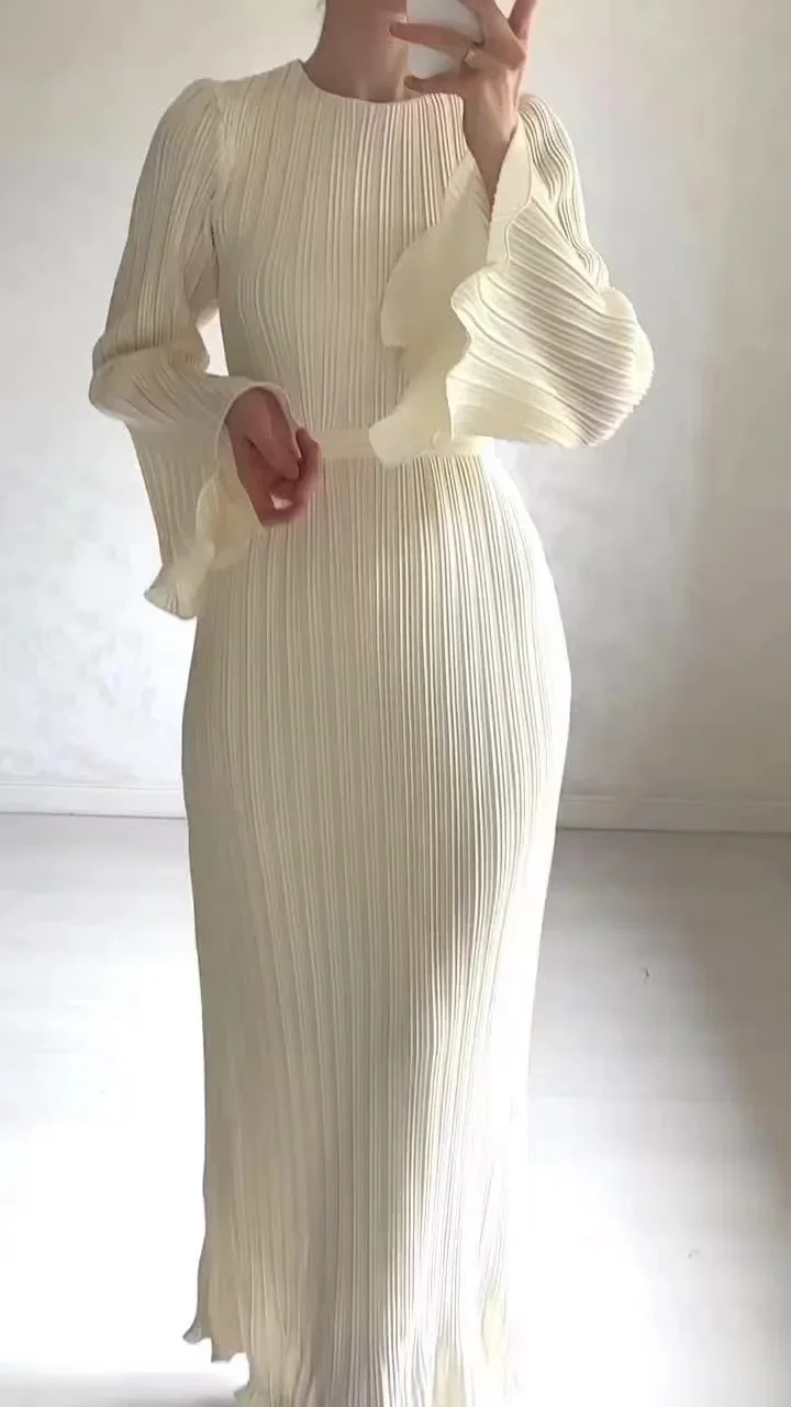 2024 Eid Flare Sleeve Muslim Pleated Dress Women Abaya Morocco Ramadan Lace-Up Abayas Kaftan Islam Dubai Arab Modest Long Robe