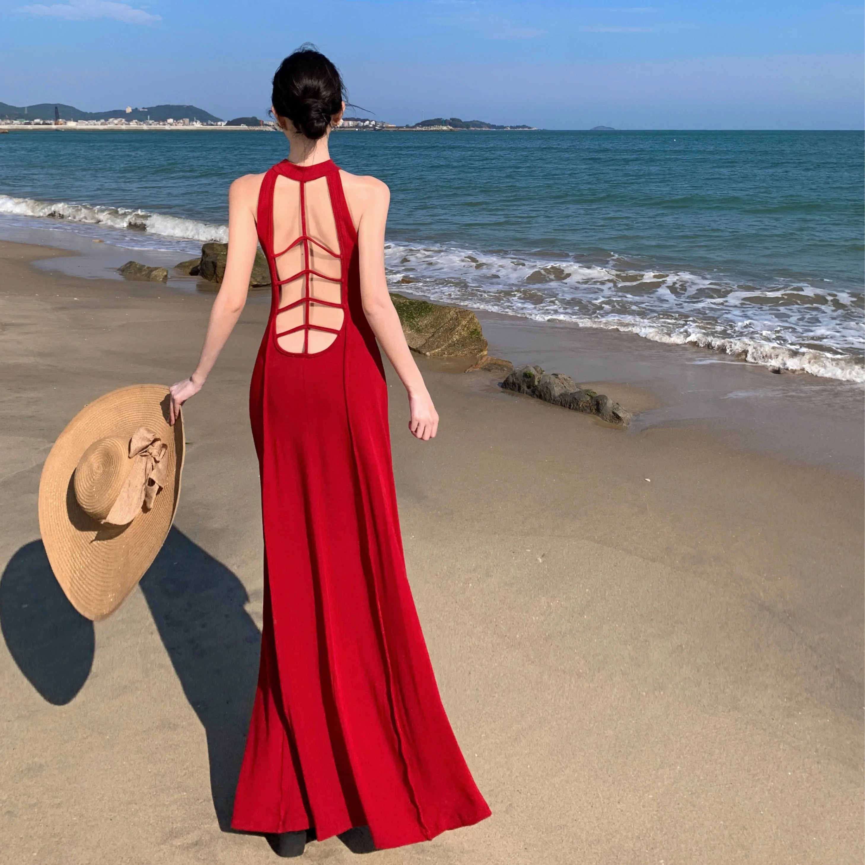 Women's Elegant Off-the-shoulder Red Evening Dress Sexy Backless Cutout Maxi Dress Solid Chic Events Parties Prom Vestidos Robe
