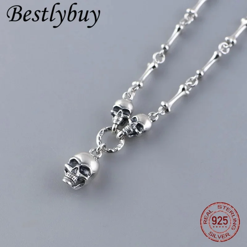 

New100 % real s925 silver jewelry retro creative design trendy punk skull stick bone necklace for woman