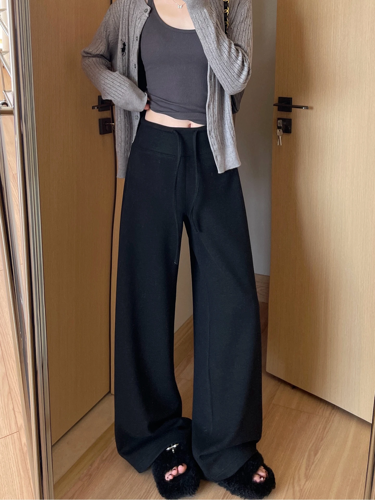 ارتفاع الخصر الصوف بنطال ذو قصة أرجل واسعة المرأة اليوغا بنطال رياضي Bla التخسيس مستقيم قطع سراويل تقليدية خريف شتاء جديد Sle