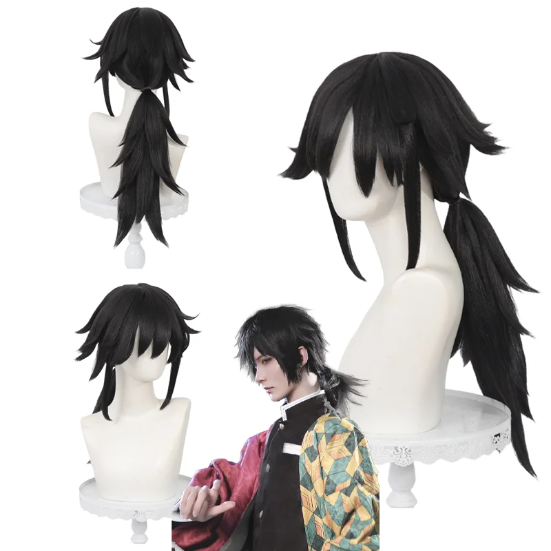 

Giyuu Tomioka Cosplay Wig High Restoration Black Low Ponytail Unisex Heat Resistant Synthetic Hair for Comic Con Theme Party