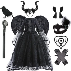 Vestido de renda preta malévola para meninas, Witch Frocks, Halloween Carnival Cosplay Costume, Tema escuro, Role Playing Outfits, Luxo