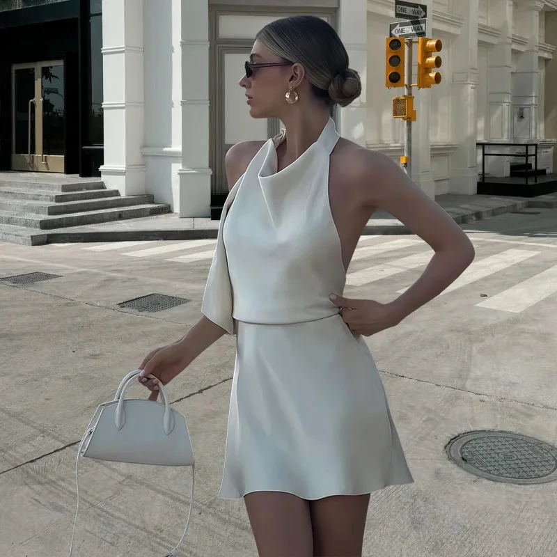 Women White Satin Elegant Sexy Backless Scarf Ribbon Neck Lace-up A-line Luxury Evening Dress