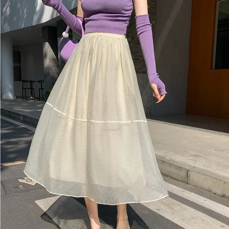 Falda acampanada de tul para mujer, Falda Midi informal holgada de cintura alta, elegante, a la moda coreana, para fiesta