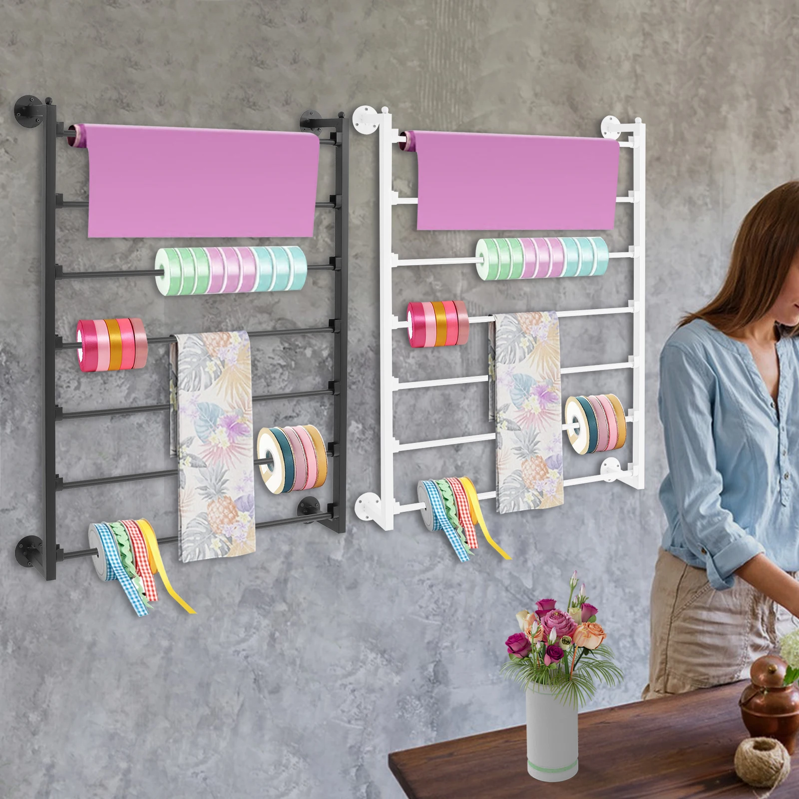 7段スチールリボン収納オーガナイザー、クラフトルーム、フラワーショップ、クリスマスギフト包装紙用の壁掛け包装紙ラック