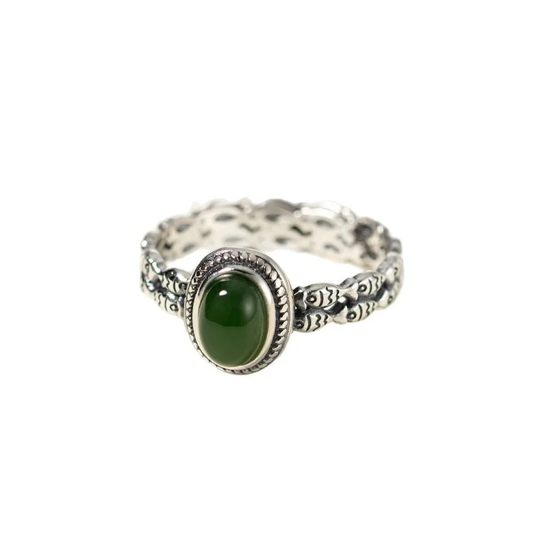 Women's 925 Sterling Silver Geometric Green Stone Ring, Handmade
