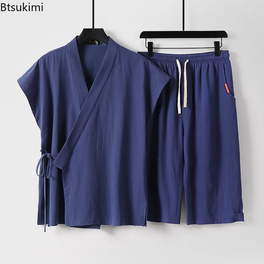 New 2025 Summer Men's Chinese Style Linen New Chinese Style Vest Seven Cents Pants Two Pieces Set Loose Cotton Linen Tang Style