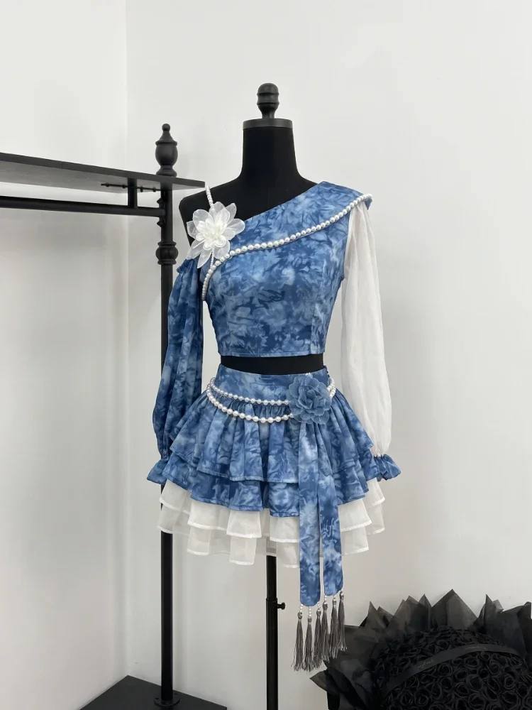 IMU Gothic Retro High Waist 2 Piece Set Women One Shoulder Mesh Sleeve Crop Tops+ Mini Skirt Female Chic Korean Fashion Outfits