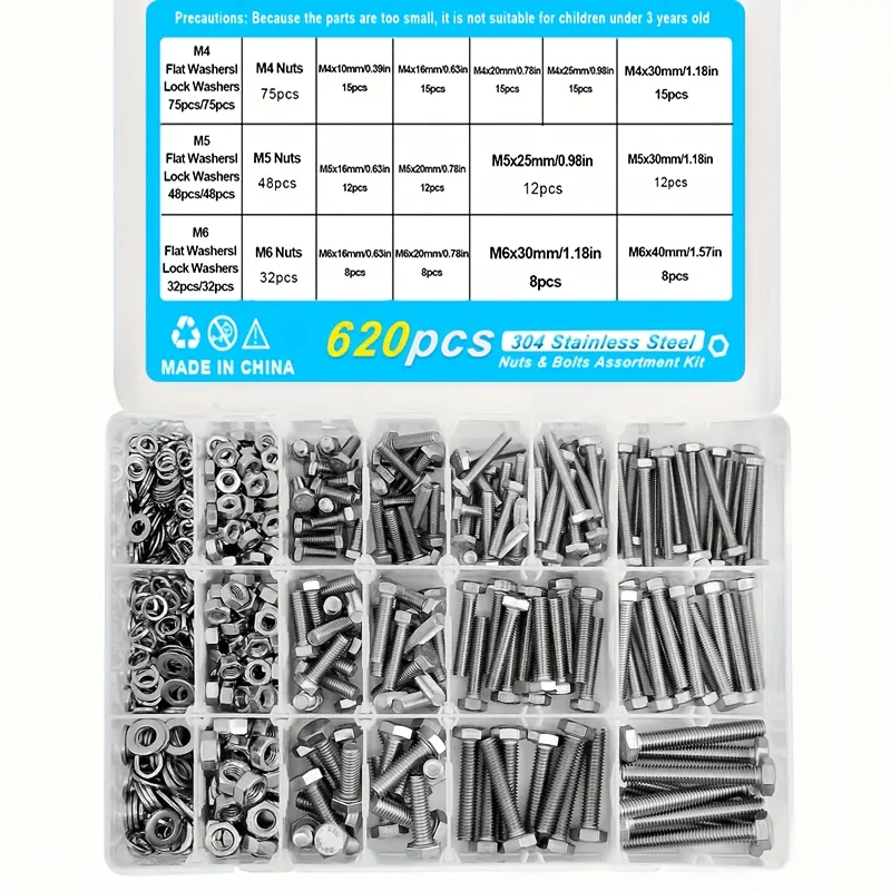 M6 M8 M10 Heavy Duty Bolts And Nuts Assortment Kit, 304 Stainless Steel, Includes 8 Most Common Sizes