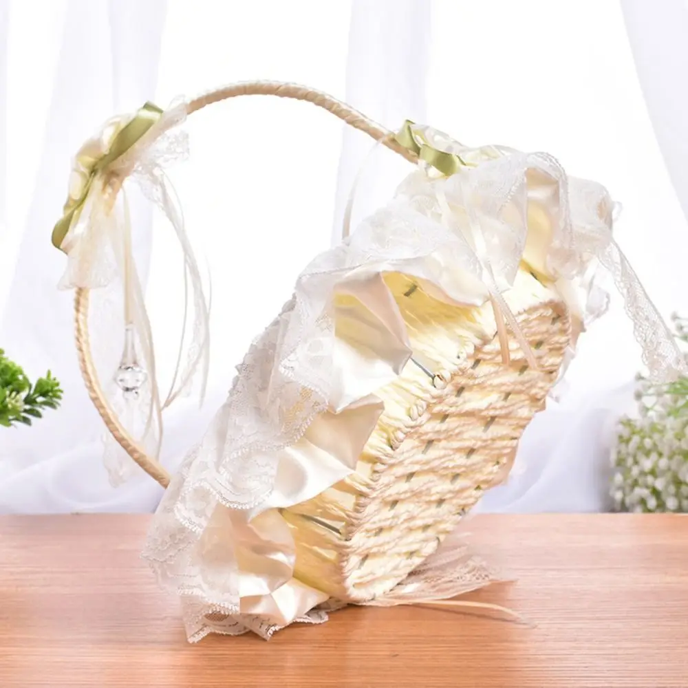 Ribbon Bow Wedding Lace Flower Basket Rose Flower Pearl Handle Satin Bow Hanbag Tote Bag Paper Rope Weaving Flower Girls Basket