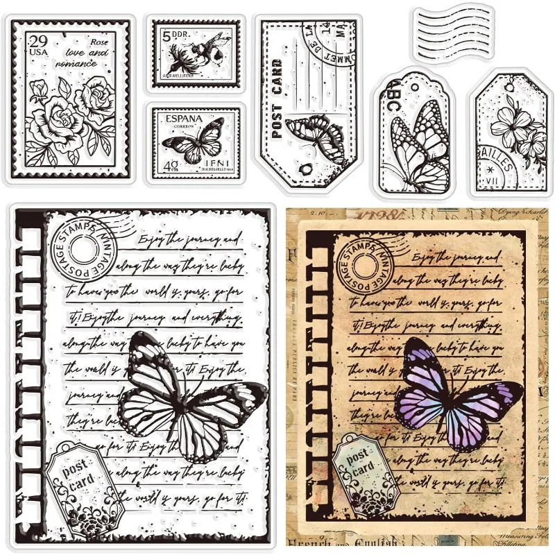 1pc Vintage Butterfly Text Clear Rubber Stamps for Journaling Card DIY Scrapbooking Photo Frame Album Decor 6.3 x 4.3inch