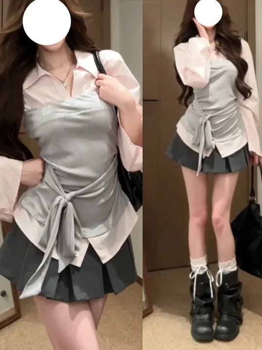 

Spring Summer Plaid Shirt And Skirt Set Women's Long Sleeve Waist Cinched Fake Two-Piece Fashion Ensemble Breathable Casual Wear