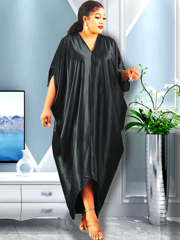 New Muslim Dresses For Women 2022 Pure Color African Maxi Robe V-neck Print Short Sleeve Novelty Dress Kanga Clothing Bouou