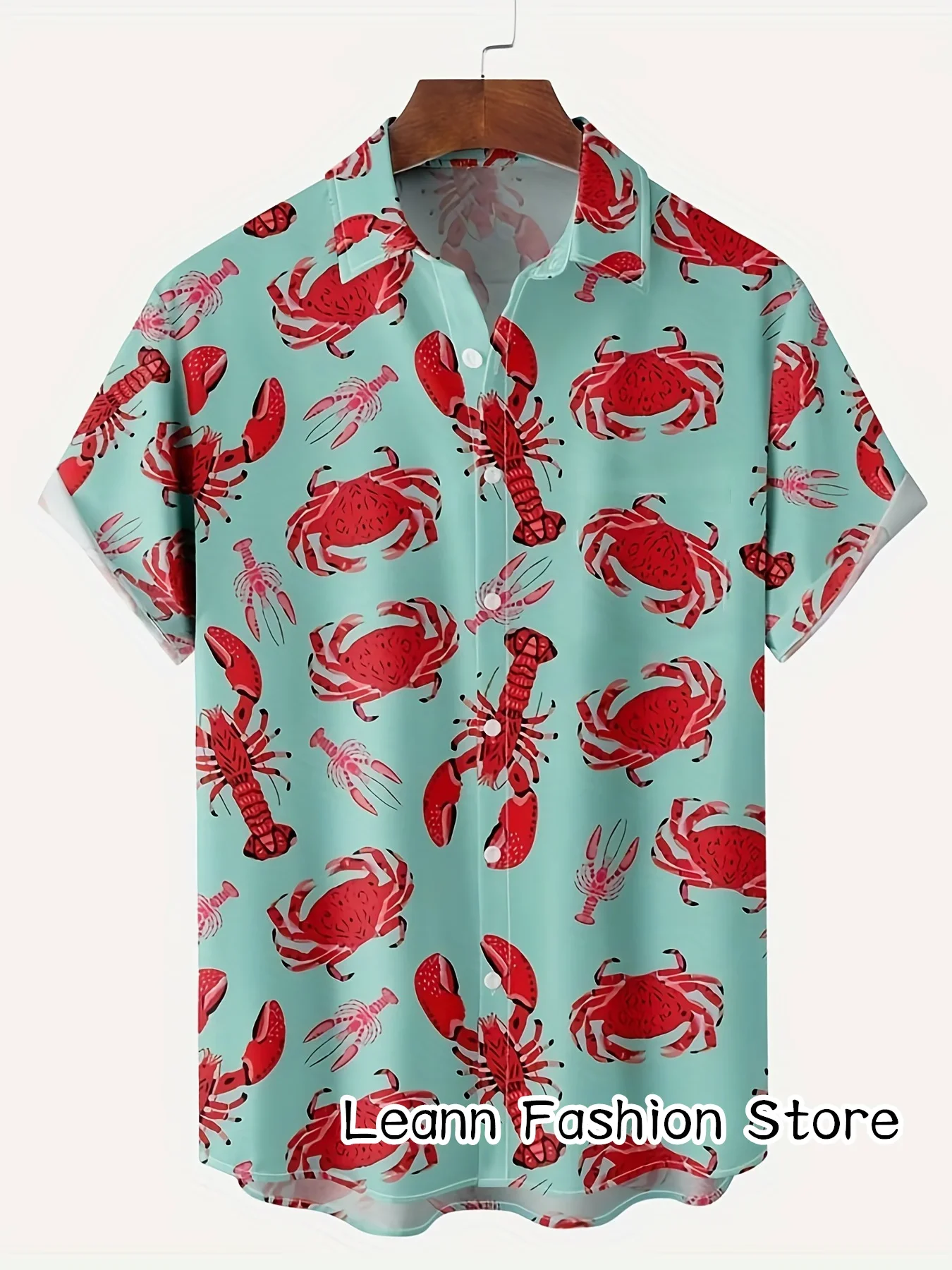 Camisa de praia de caranguejo estampada com lagosta, manga curta, camisa de lazer, férias havaianas, casual, moda verão