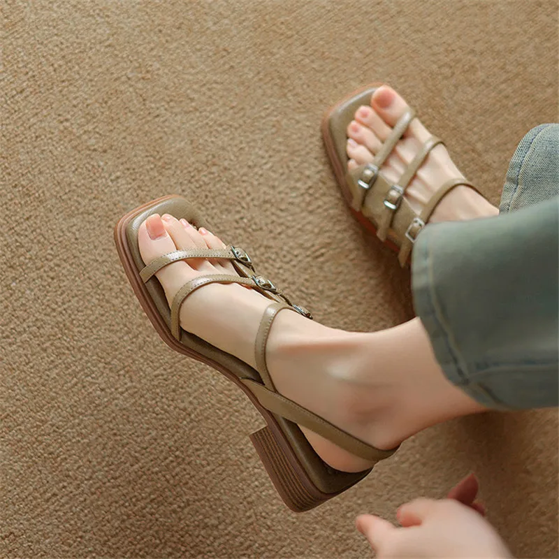 New Summer Sandals Split Leather Women Shoes Square Toe Sandals for Women Fashion Belt Buckle Chunky Heel Sandal Gladiator Shoes view 3