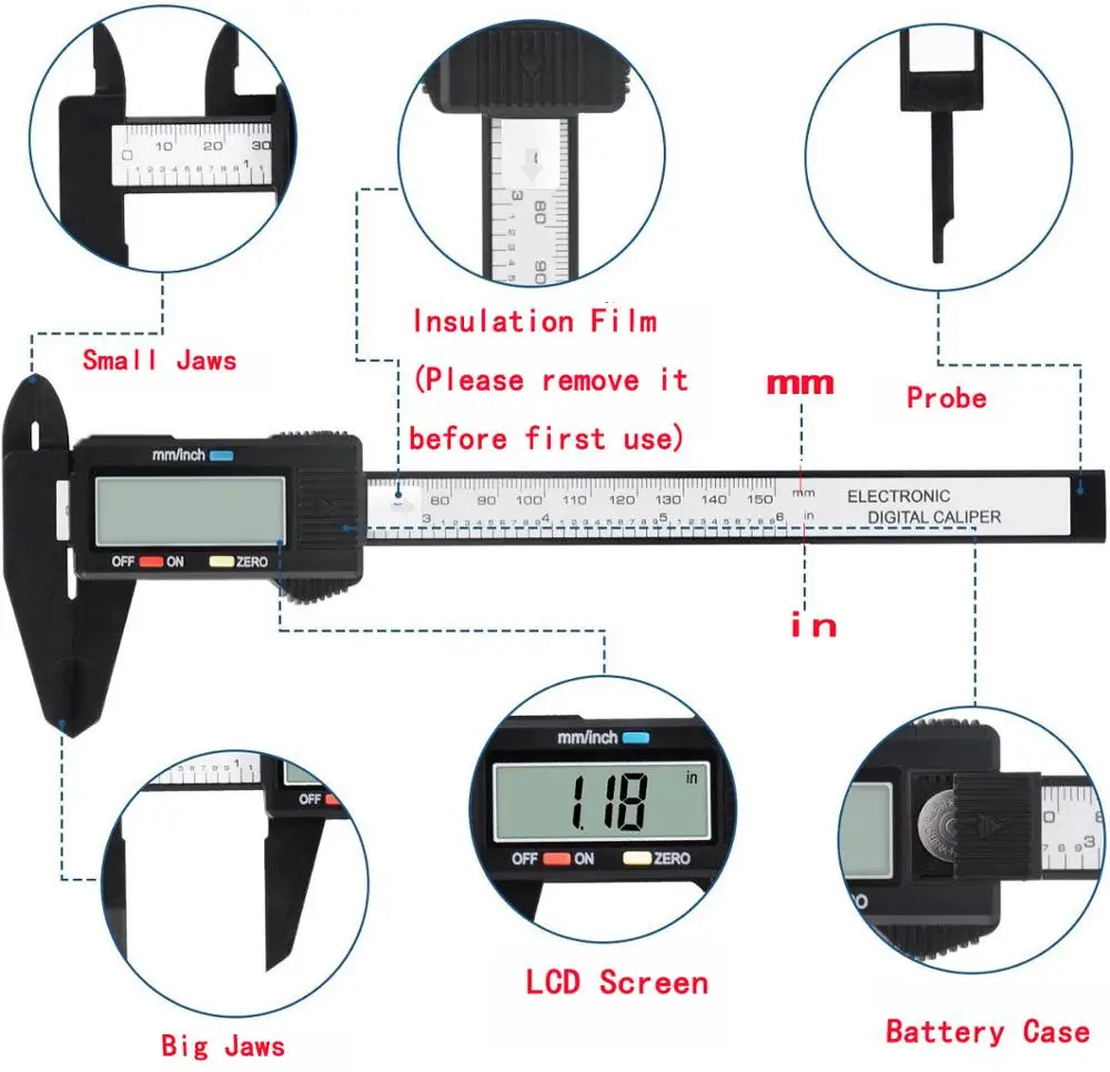 150mm Electronic Digital Caliper 6 Inch Carbon Fiber Vernier Caliper Gauge Micrometer Measuring Tools Digital Ruler with Battery