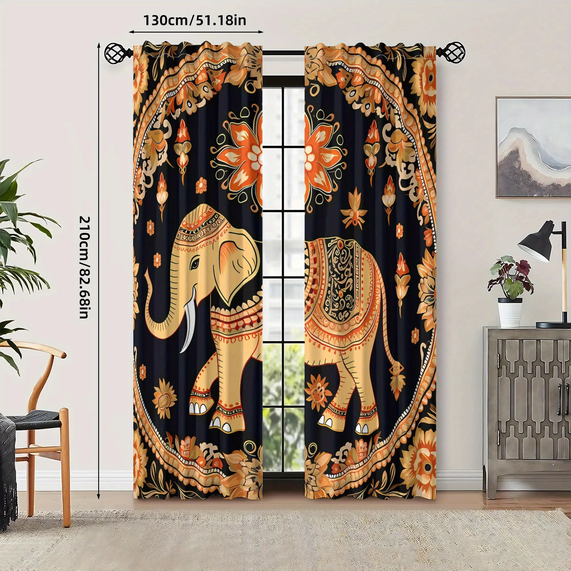 2 Stück Vorhänge mit thailändischem Elefantenmuster – lebendiges Blumen- und geometrisches Design, Verdunkelungsstoff, Stangentasche zum Aufhängen, maschinenwaschbar